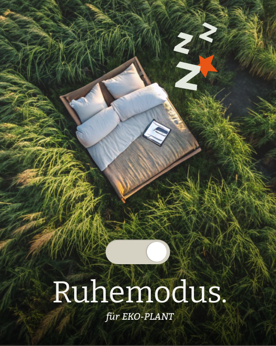 Bett auf Wiese mit Schiebeschalter und dem Text "Ruhemodue für Eko-Plant"